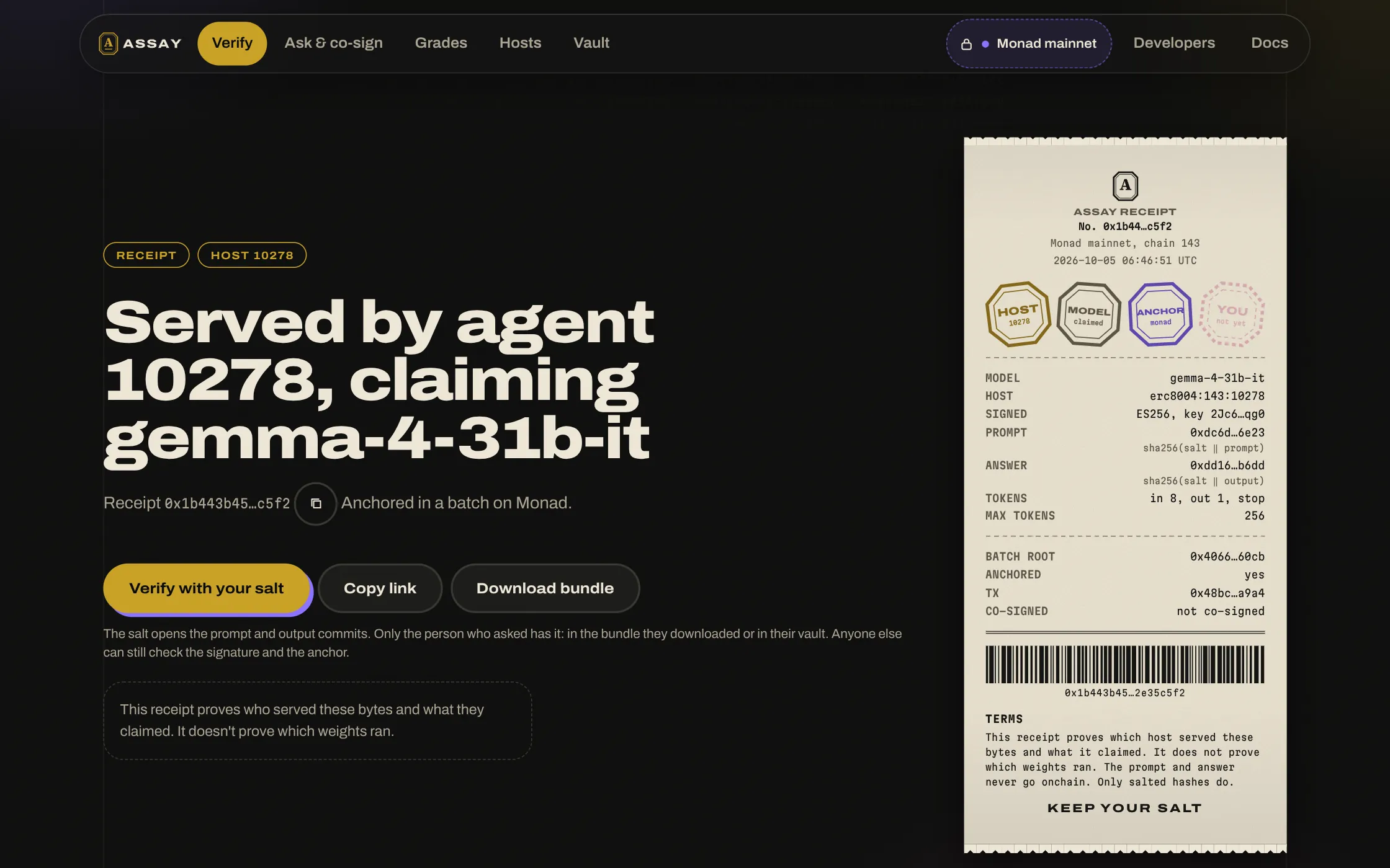 The Assay app showing the first mainnet receipt: served by agent 10278, claiming gemma-4-31b-it, anchored on Monad, with the paper receipt and its stamps